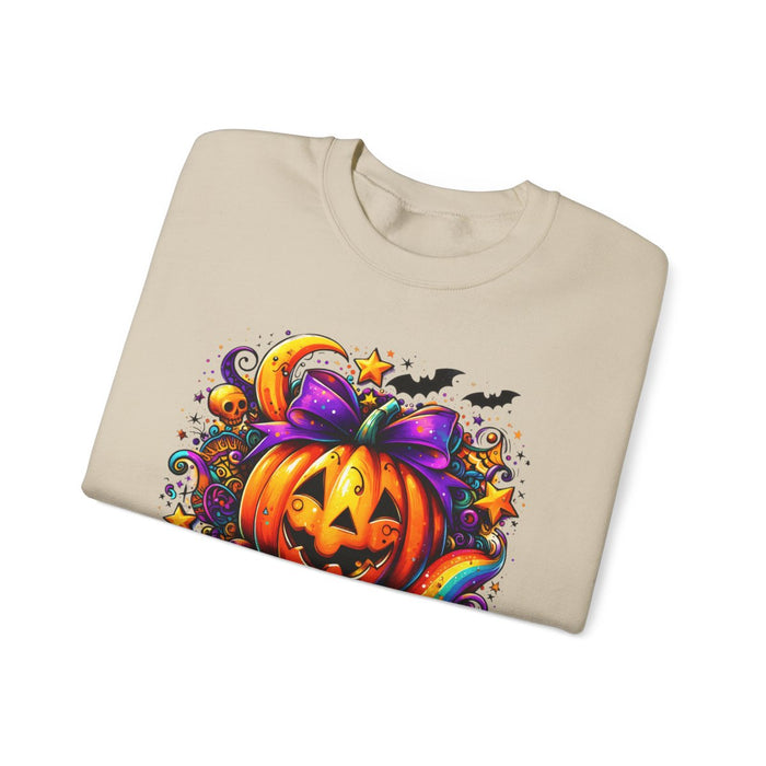 cosy sweatshirt displaying full vibrant pumpkin spooky season halloween design