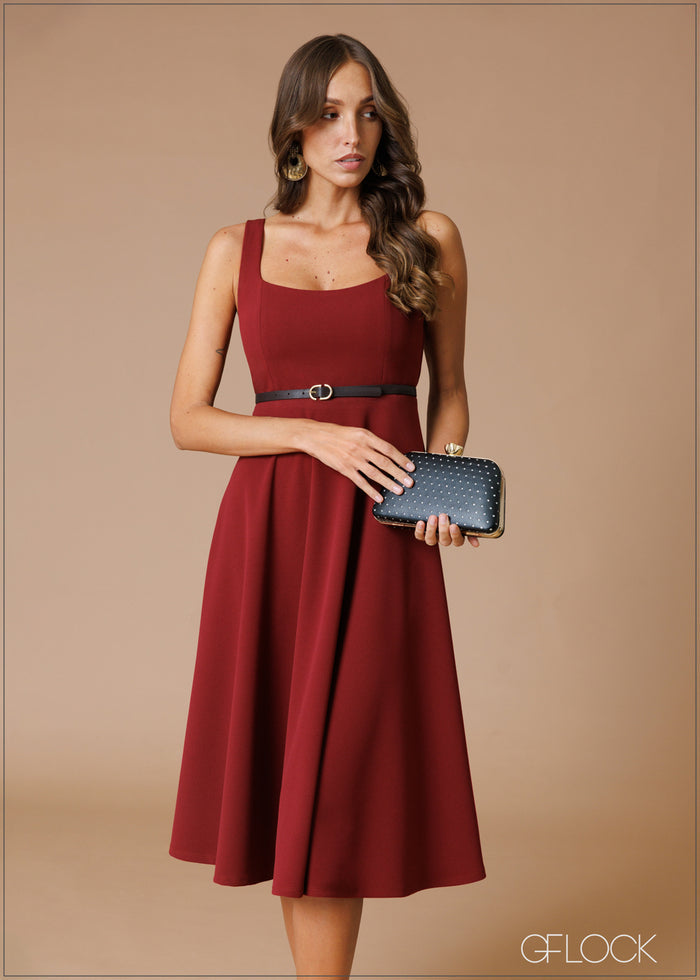 Square Neck Flare Midi Dress - 140826