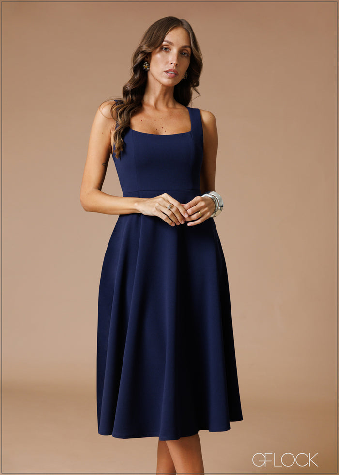 Square Neck Flare Midi Dress - 140826