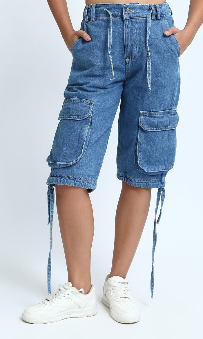 Standard Blue Multi-Pocket Drawstring Denim Shorts - O198159