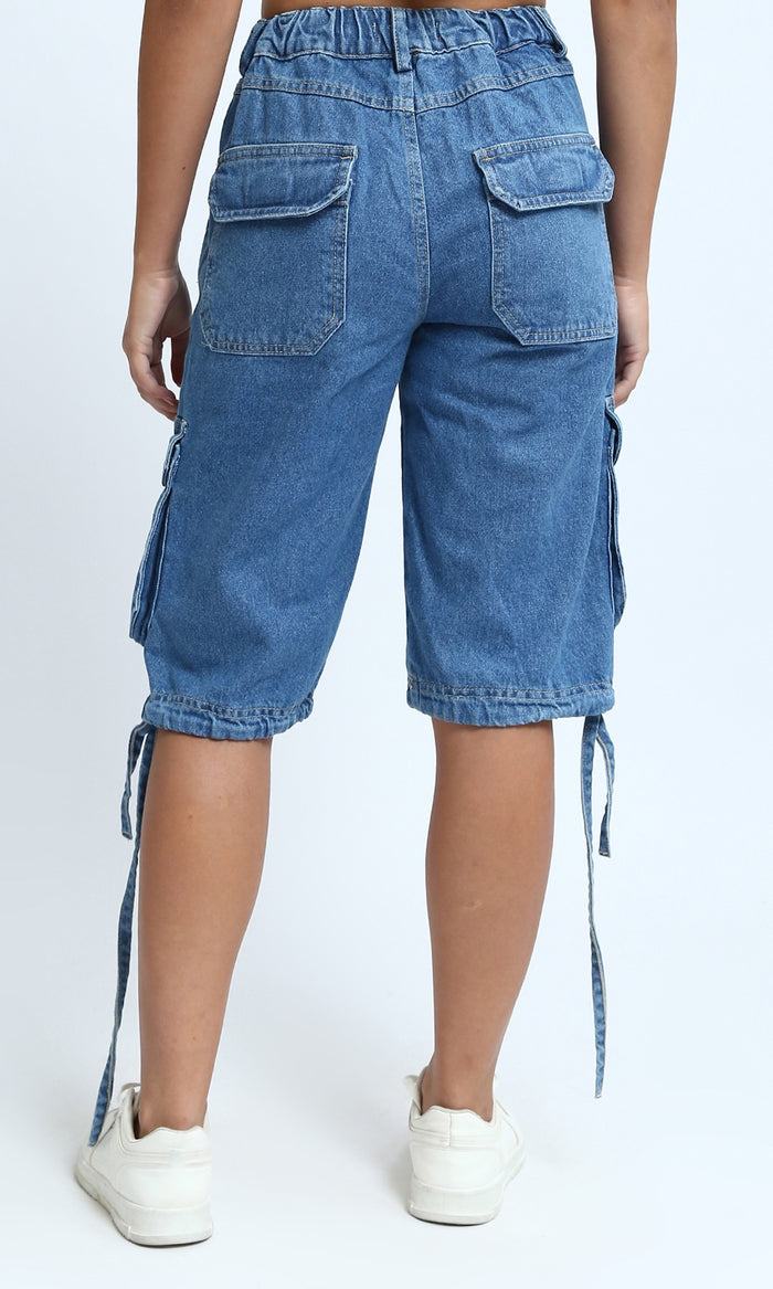 Standard Blue Multi-Pocket Drawstring Denim Shorts - O198159