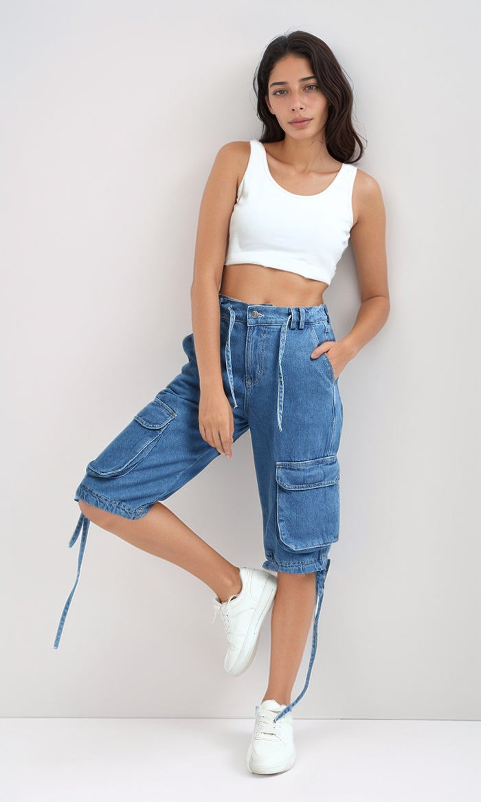 Standard Blue Multi-Pocket Drawstring Denim Shorts - O198159