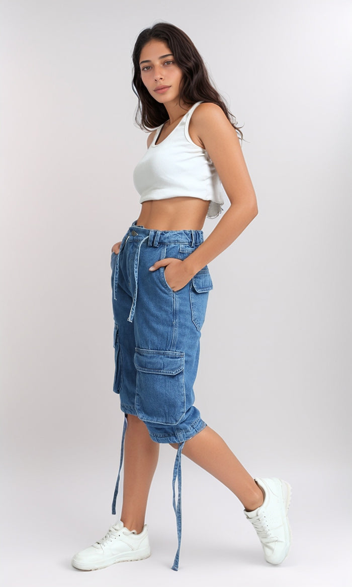 Standard Blue Multi-Pocket Drawstring Denim Shorts - O198159