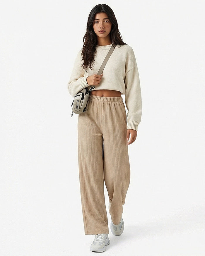 Stone Crinkle Texture Wide-Leg Trousers - R217148