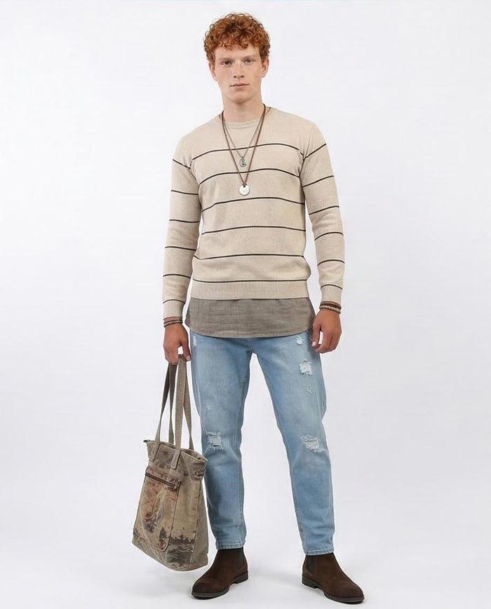 Stone Linear Striped Crew Neck Knit Pullover - O202262