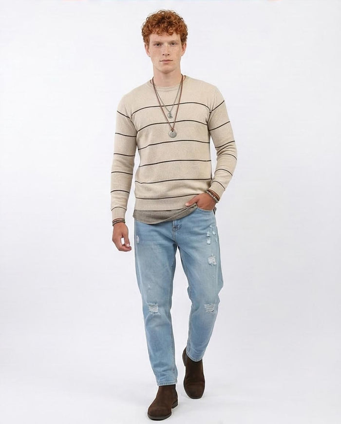 Stone Linear Striped Crew Neck Knit Pullover - O202262