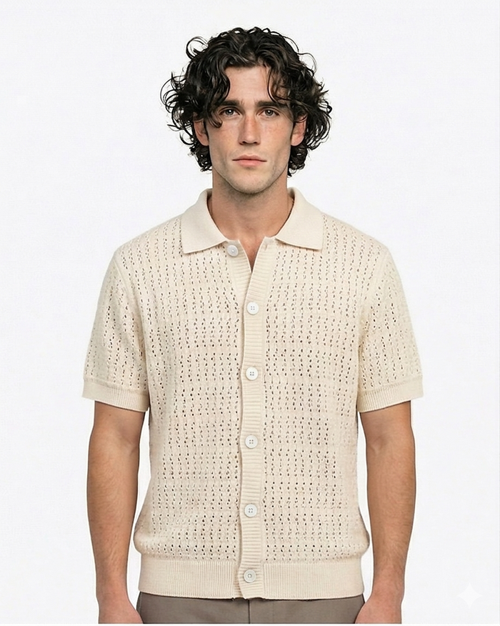 Stone Textured Knit Button-Down Polo Shirt - R217122