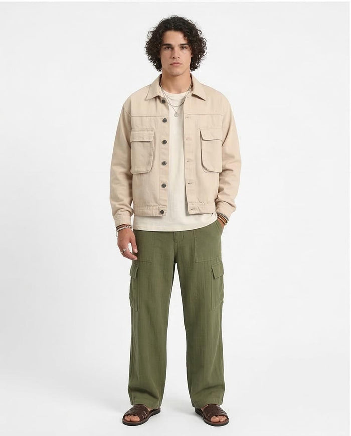 Stone Utility Trucker Jacket with Dual Chest Pockets - R207959