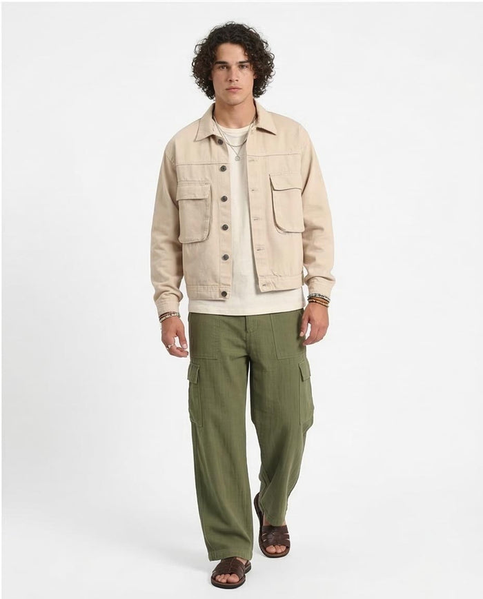 Stone Utility Trucker Jacket with Dual Chest Pockets - R207959