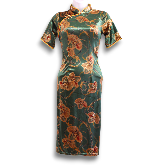 Stretch Green Gold Cheongsam Dresses