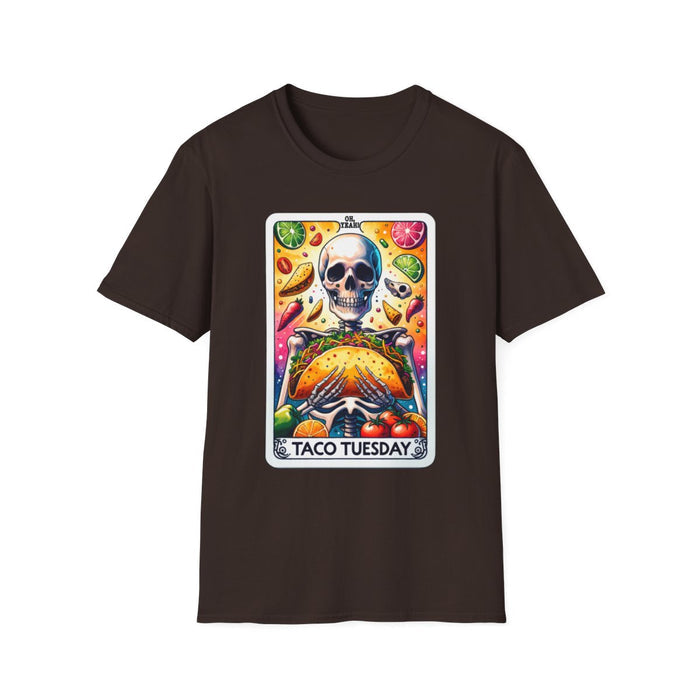 white t-shirt with taco Tuesday tarot card graphic design