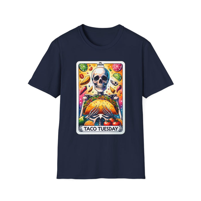 navy t-shirt with vibrant food-inspired tarot design