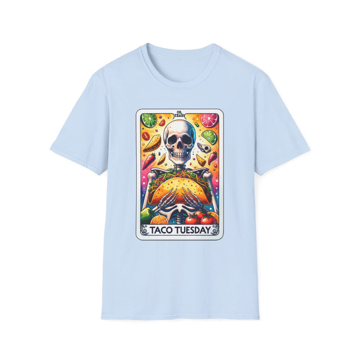 military green t-shirt with bold taco tarot print