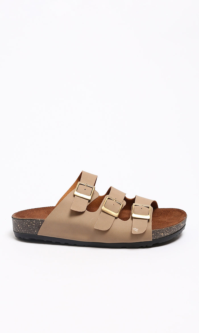Taupe Triple-Strap Buckle Comfort Slide Sandals - R212541