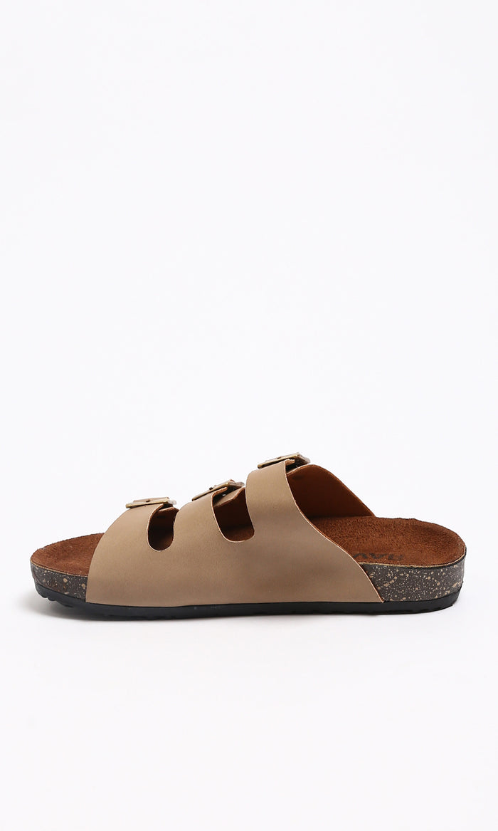 Taupe Triple-Strap Buckle Comfort Slide Sandals - R212541