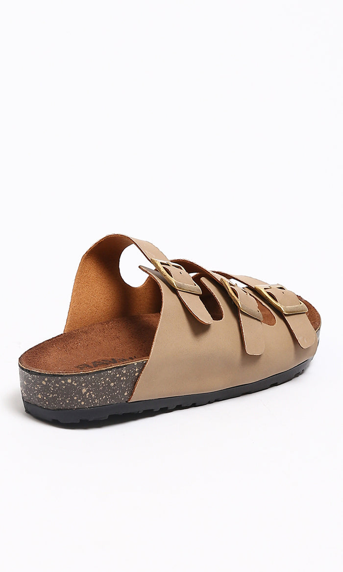 Taupe Triple-Strap Buckle Comfort Slide Sandals - R212541