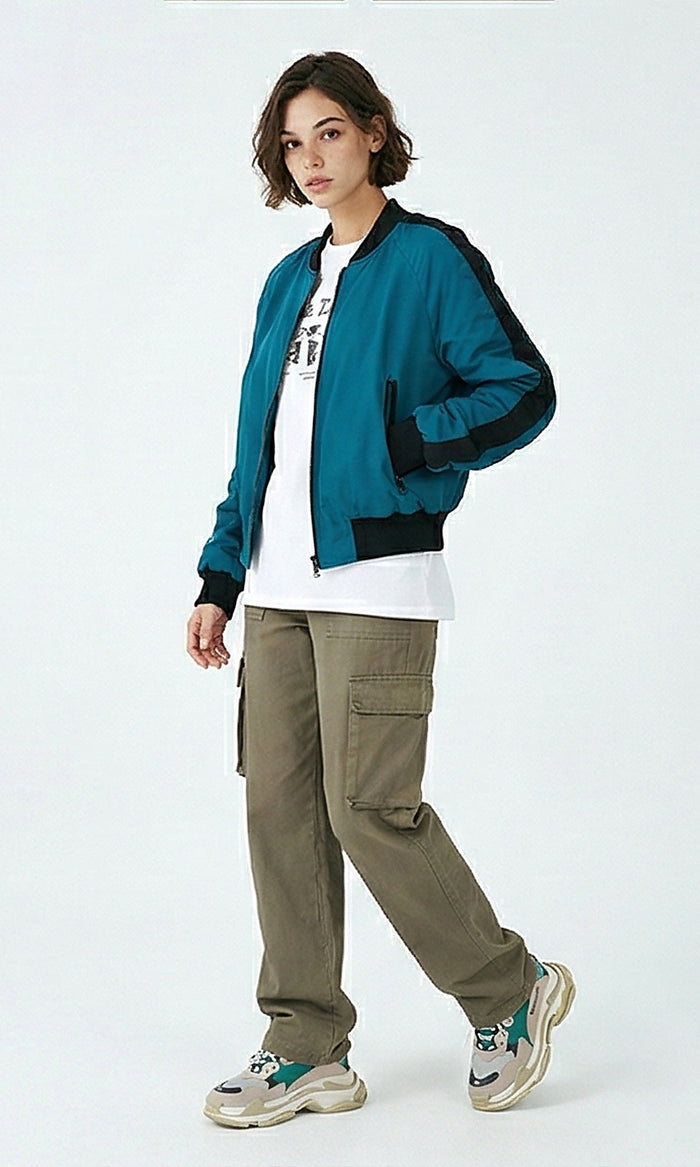 Teal Contrast Detail Bomber Jacket