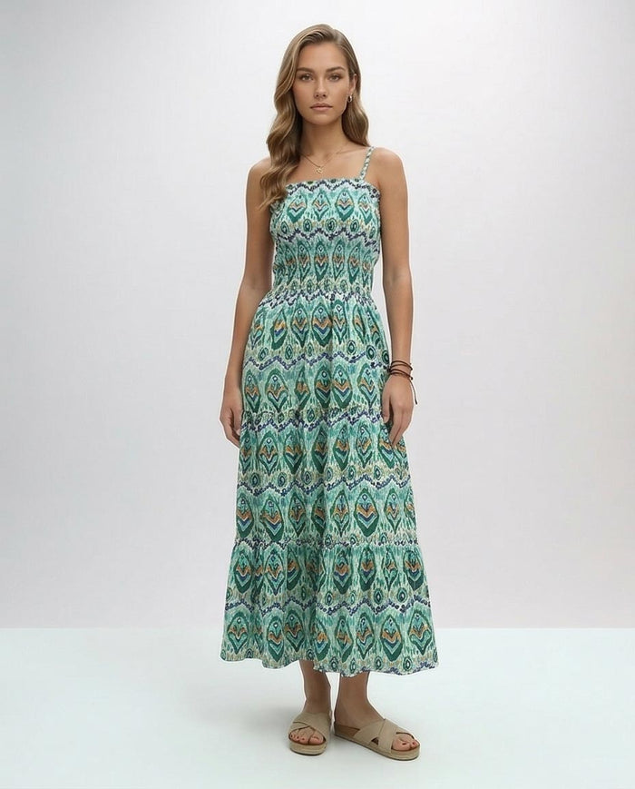 Teal Ikat Print Smocked Tiered Maxi Dress - O192255