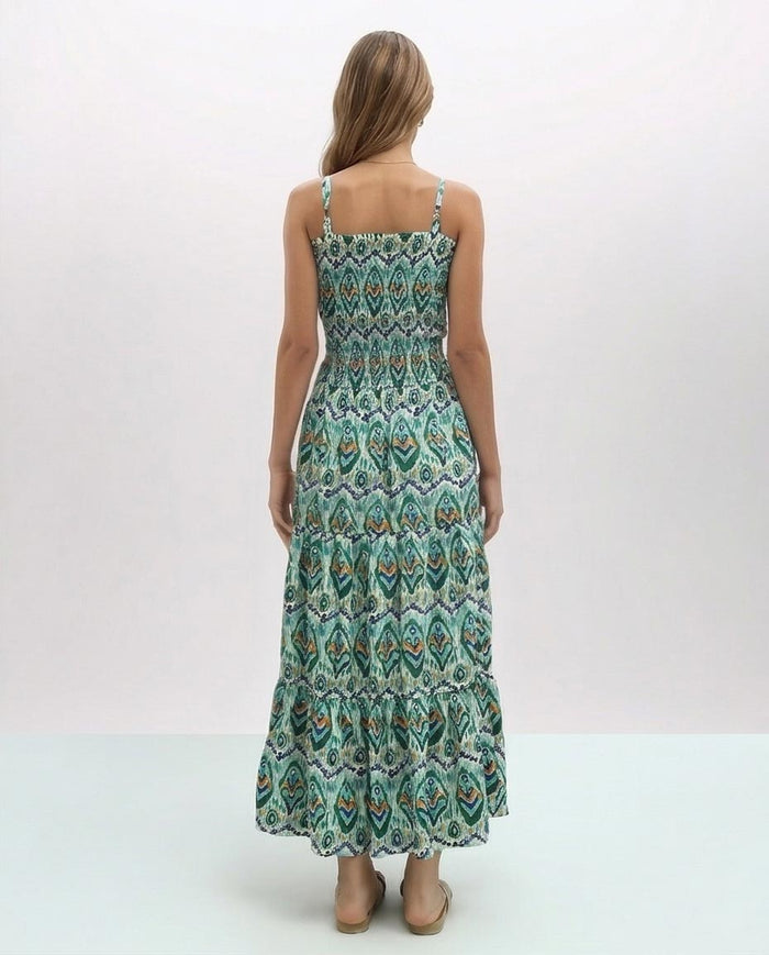 Teal Ikat Print Smocked Tiered Maxi Dress - O192255