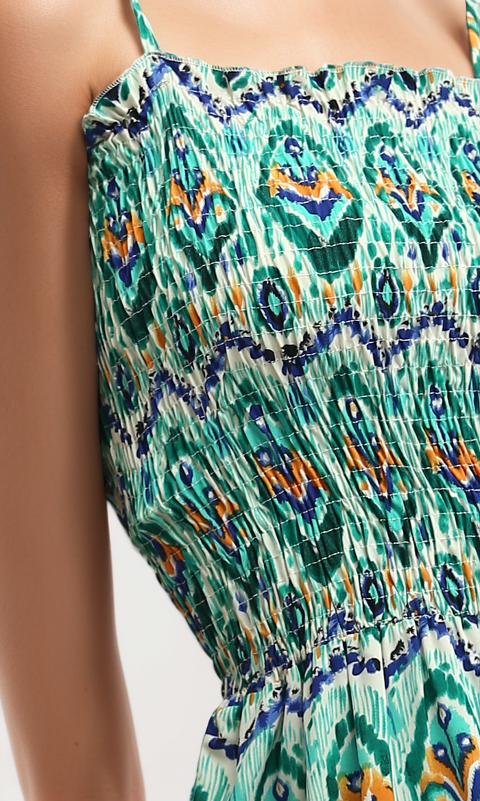 Teal Ikat Print Smocked Tiered Maxi Dress - O192255