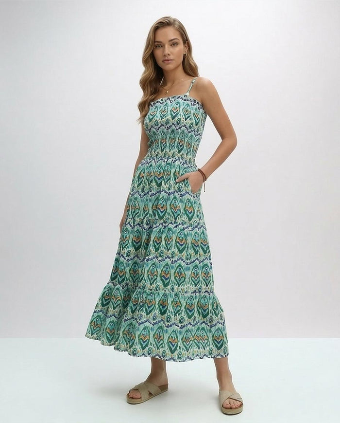 Teal Ikat Print Smocked Tiered Maxi Dress - O192255