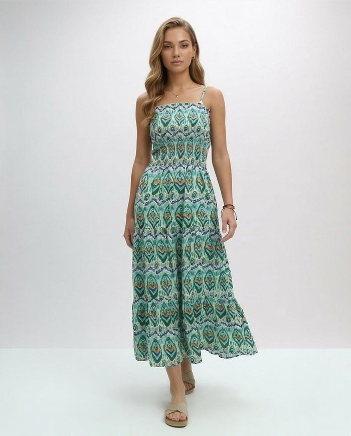 Teal Ikat Print Smocked Tiered Maxi Dress - O192255