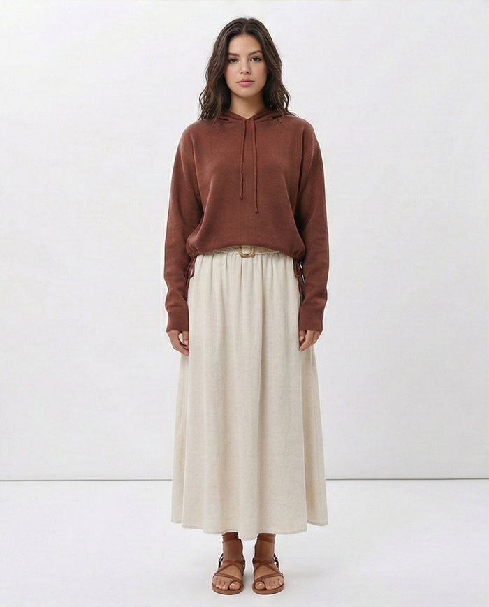 Terracotta Cinched-Hem Fine Knit Hoodie - O200388
