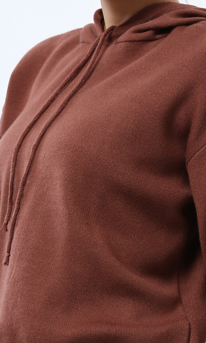 Terracotta Cinched-Hem Fine Knit Hoodie - O200388