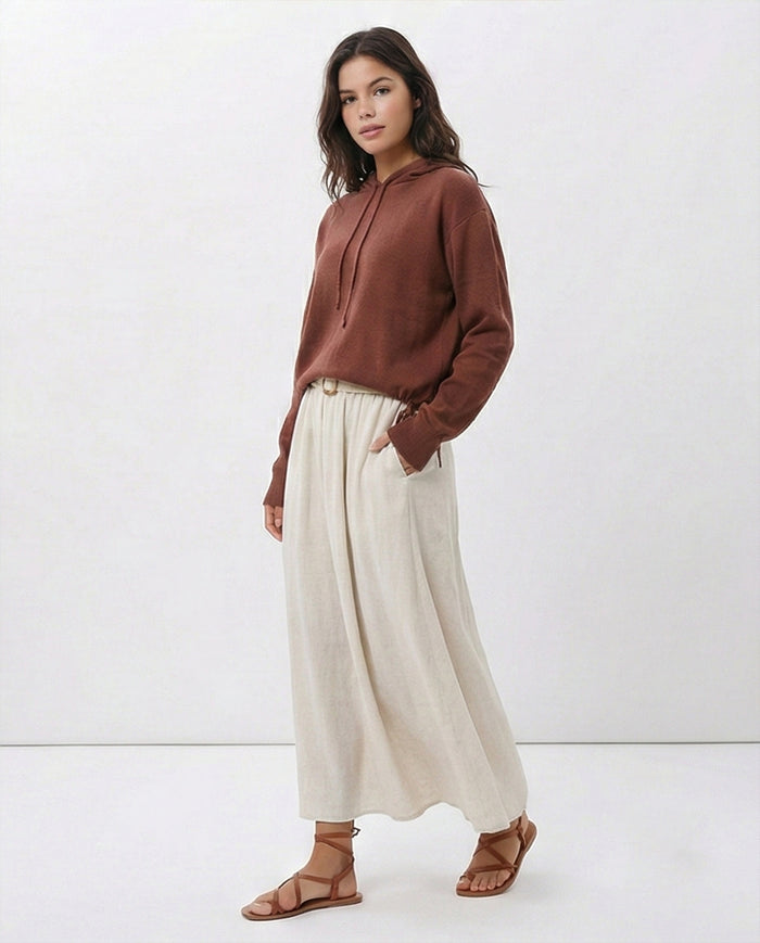 Terracotta Cinched-Hem Fine Knit Hoodie - O200388