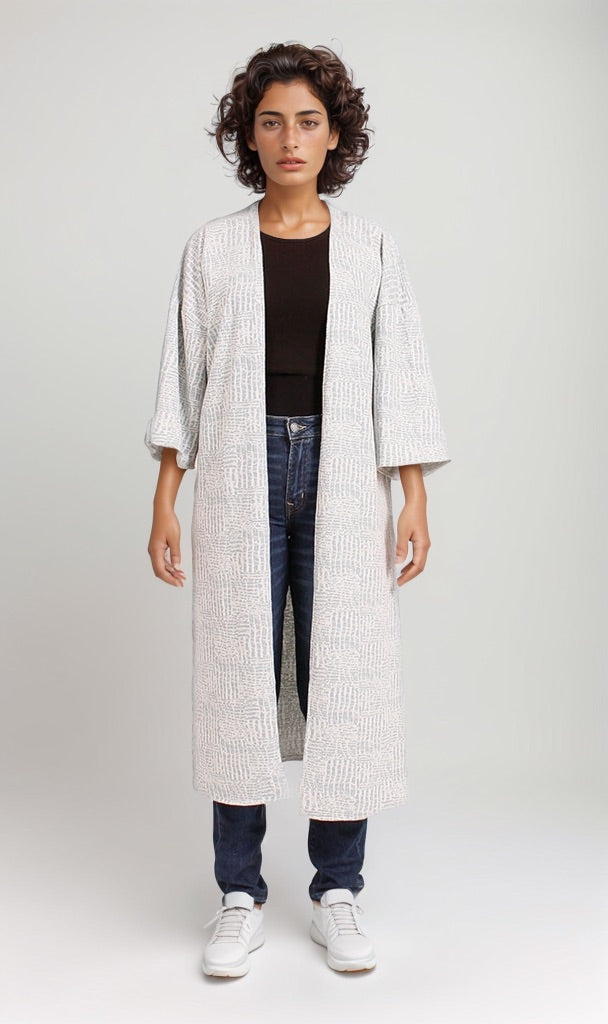 Textured Open-Front Longline Cardigan in Grey