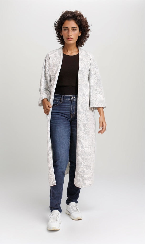 Textured Open-Front Longline Cardigan in Grey