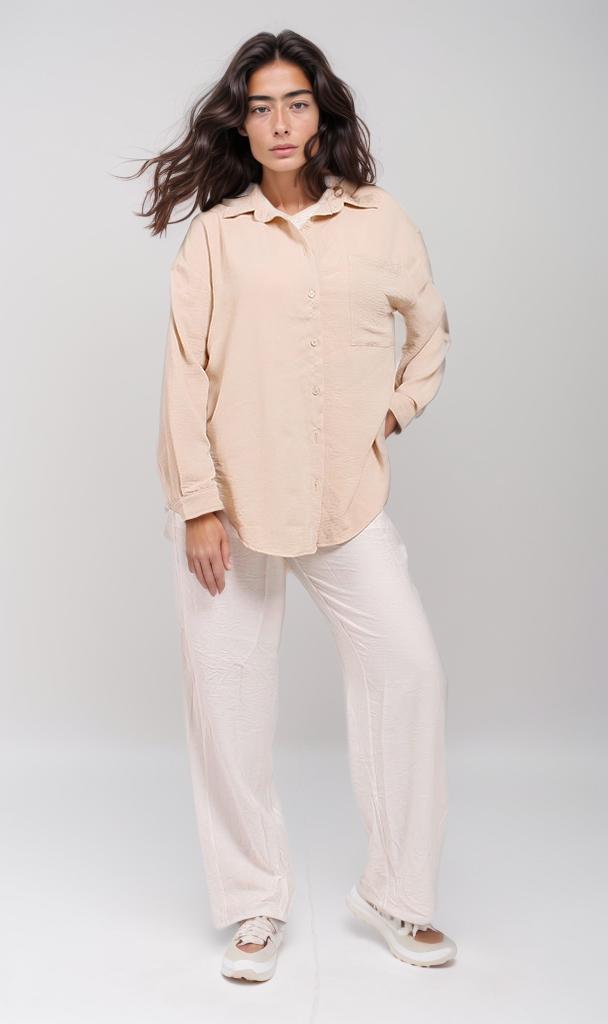Textured Oversized Button-Down Shirt in Beige