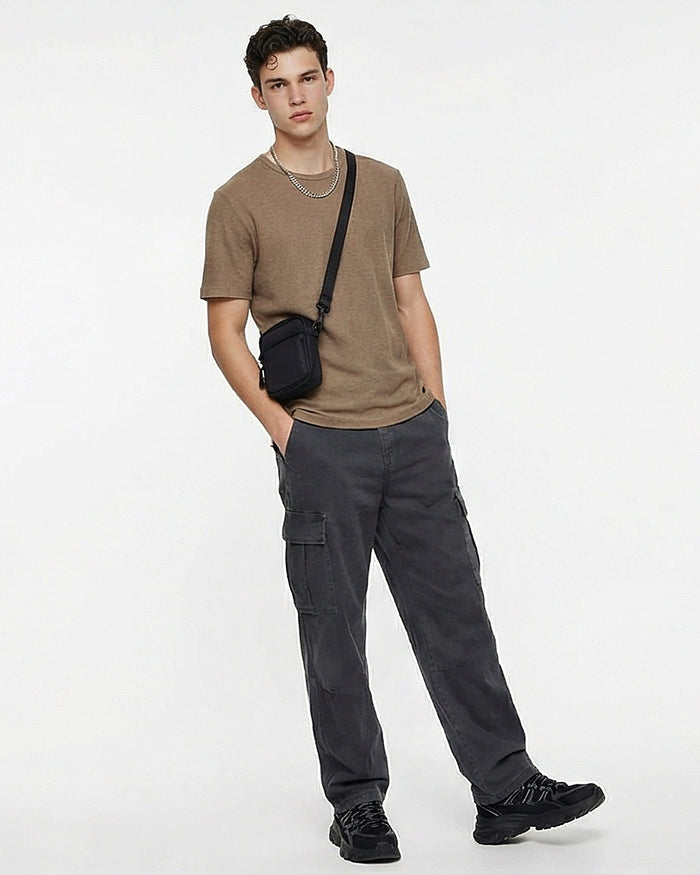 Textured Short Sleeve Crew Neck T-Shirt in Earthy Brown