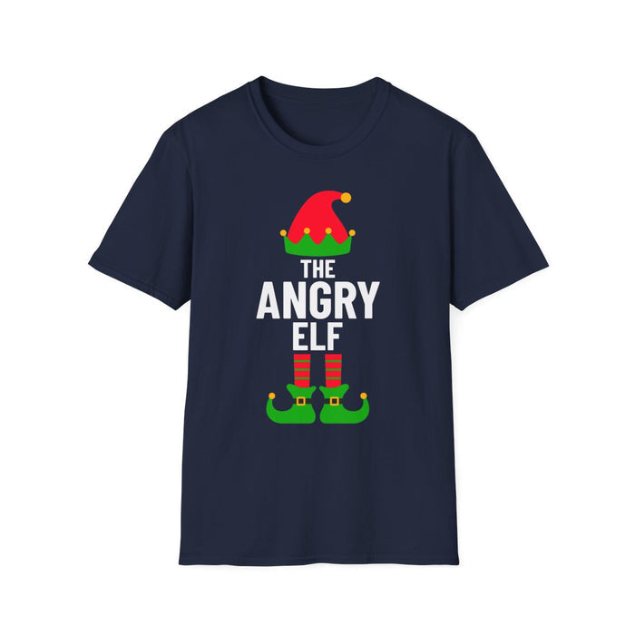 navy t-shirt with angry elf christmas graphic design