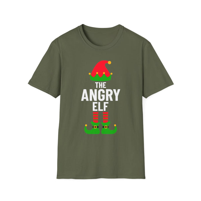 black t-shirt featuring grumpy elf holiday print