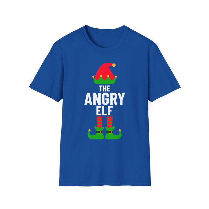 royal blue t-shirt with funny angry elf christmas design