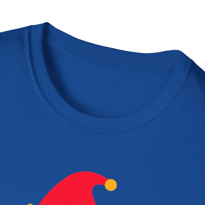 close-up of anime elf Christmas graphic on cotton t-shirt