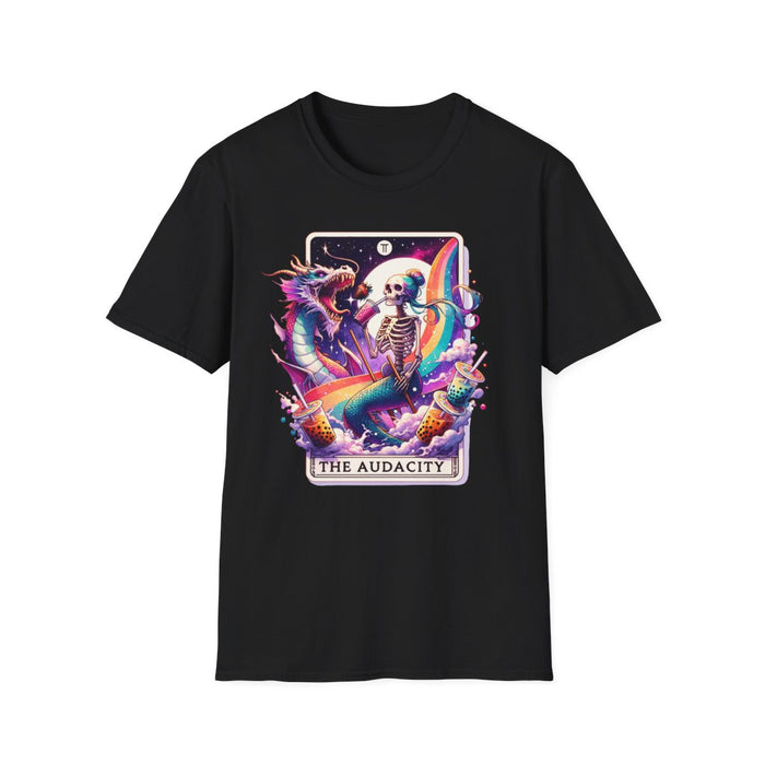 navy t-shirt with the audacity tarot graphic design