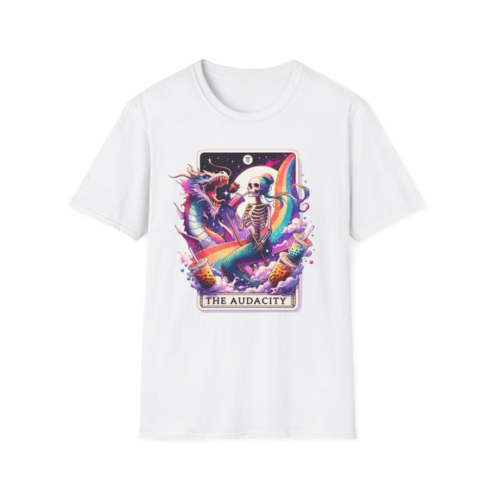 white t-shirt with bold the audacity tarot card artwork