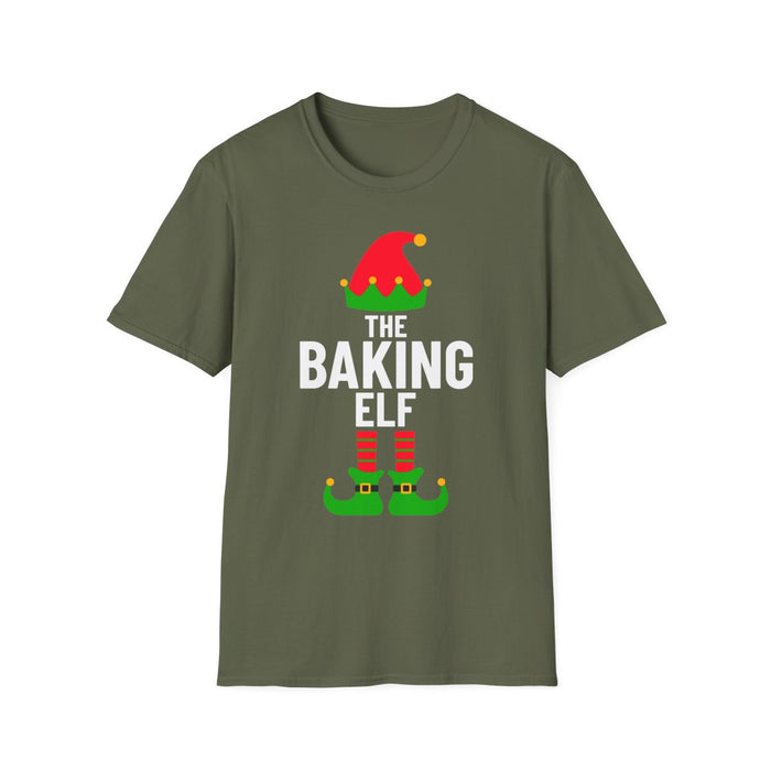 navy t-shirt with playful baking elf Christmas design