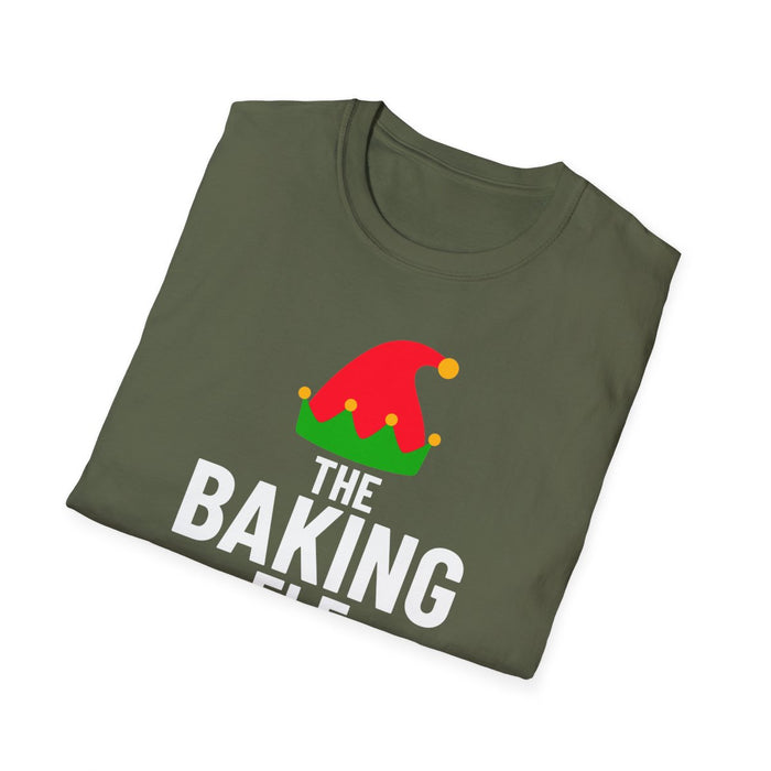 navy baking elf Christmas t-shirt flat lay showing garment quality
