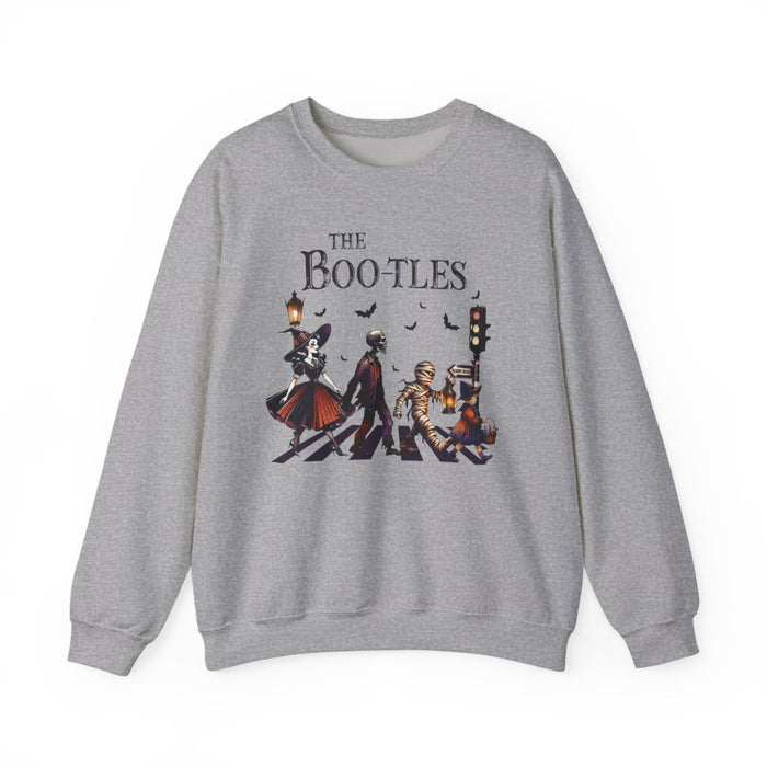 light pink sweatshirt with the boo-tles halloween parody graphic