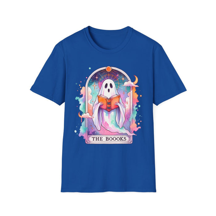 white t-shirt with the books ghost tarot design for book lovers