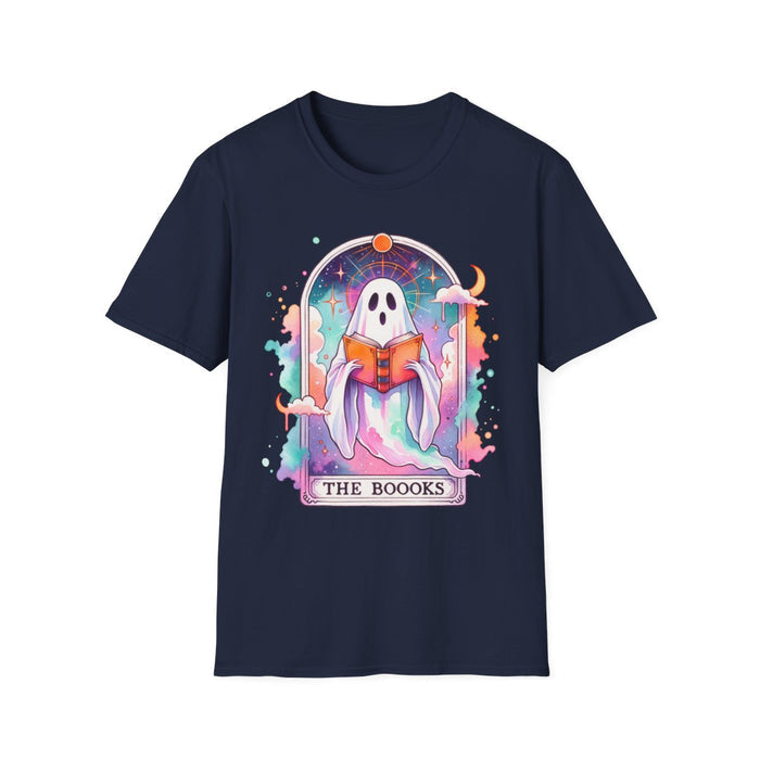 light blue t-shirt with the books ghost design for cozy readers