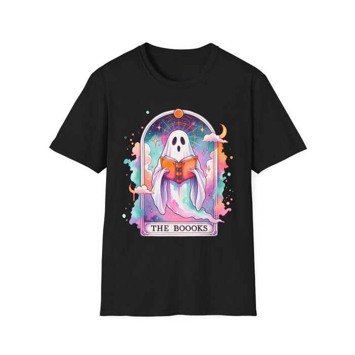 red t-shirt with spooky ghost tarot print for Halloween