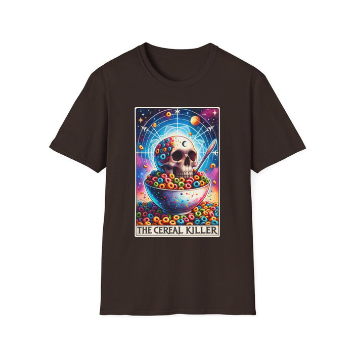 white t-shirt with colorful cereal killer tarot design funny gift