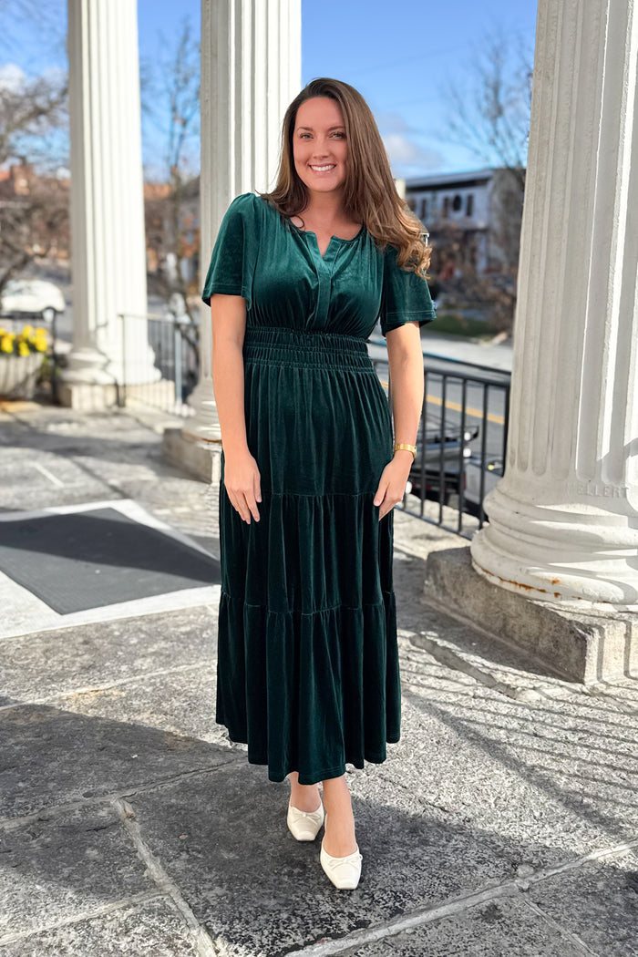 The Noelle Velvet Tiered Maxi Dress in Evergreen (Final Sale)