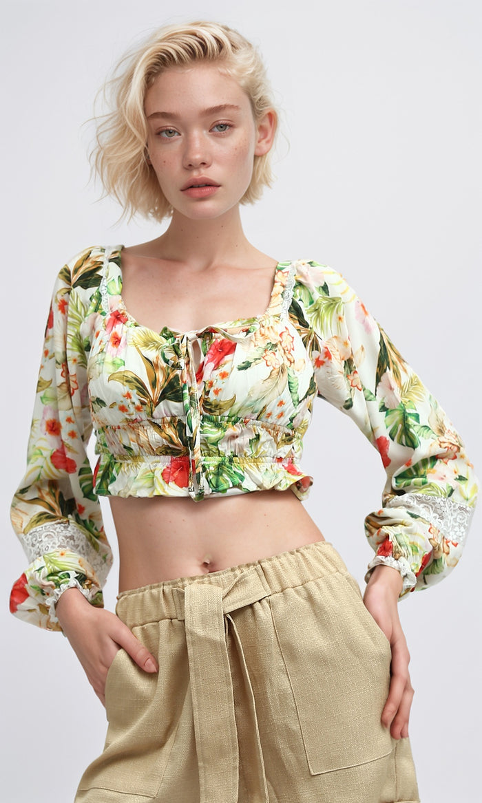 Tropical Floral Lace-Trimmed Cropped Top - O193477