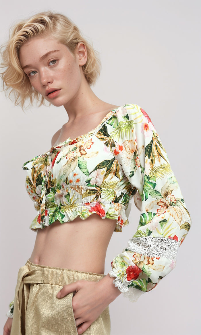 Tropical Floral Lace-Trimmed Cropped Top - O193477