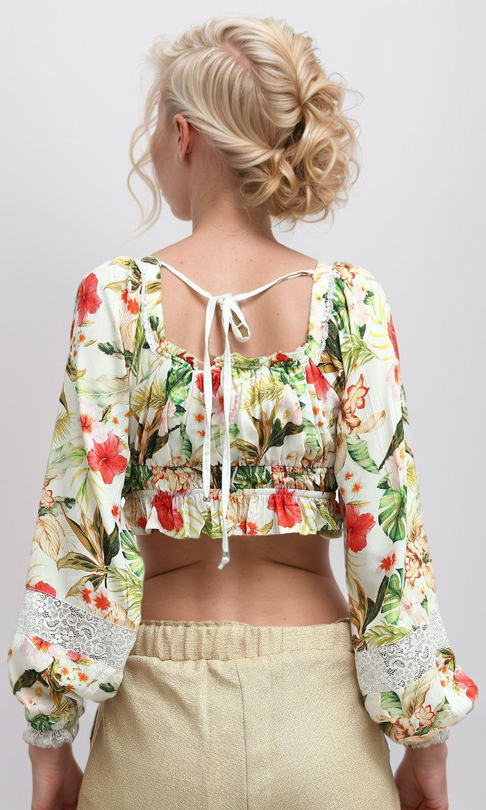 Tropical Floral Lace-Trimmed Cropped Top - O193477